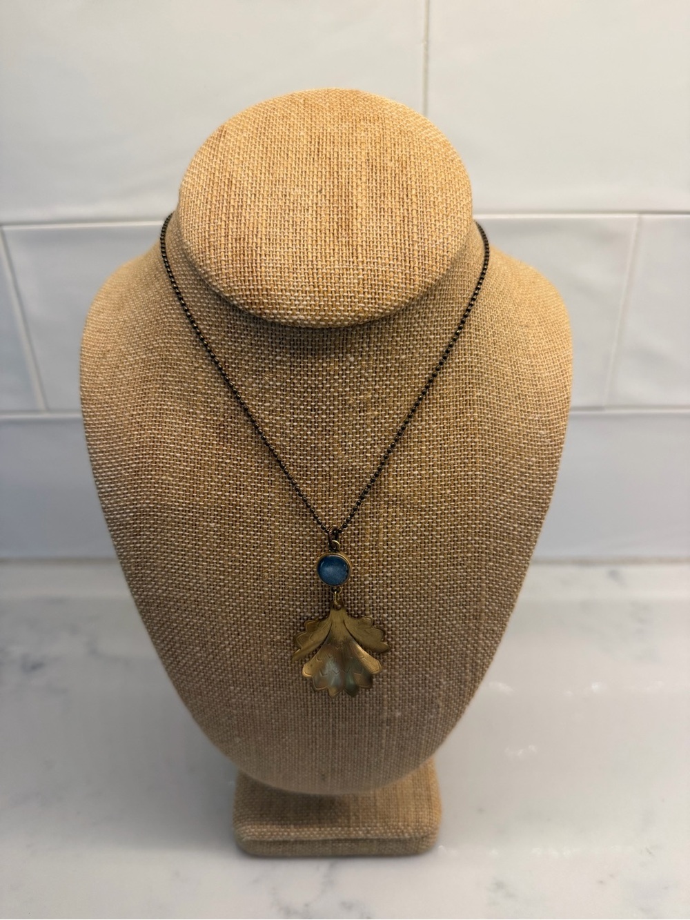 Blue Stone Brass Leaf Pendant Necklace